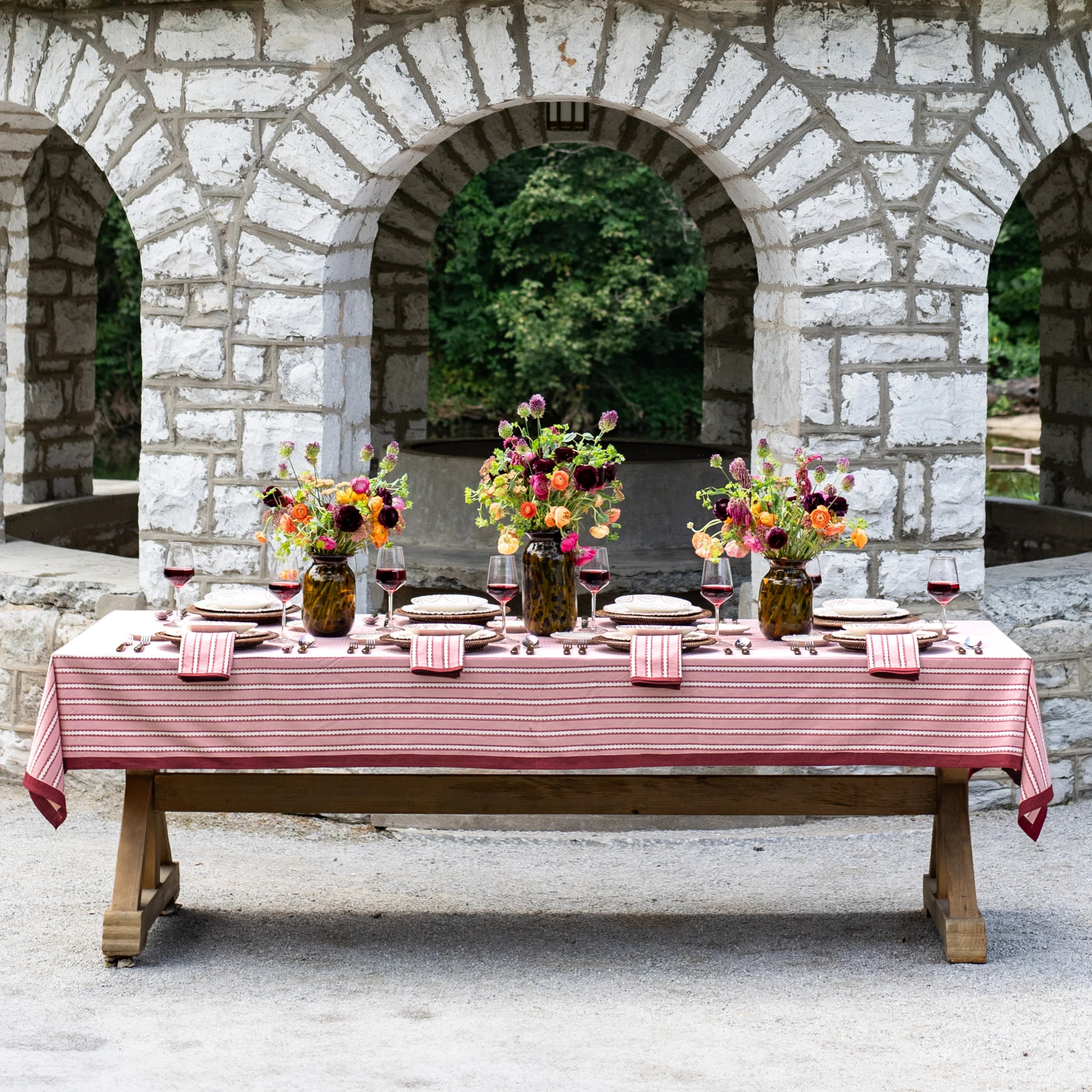 Pomegrante Dotted Stripe Rose Tablecloth