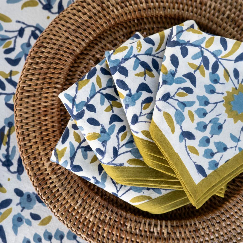 Pomegrante Starflower Blue & Ochre Napkins - Set of 4