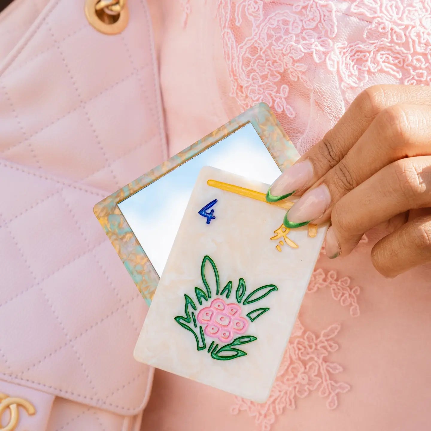 Hand-Painted Flower Mahjong Compact Mirror