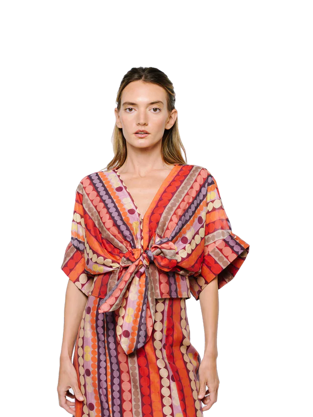 Clarisa Tie Front Blouse - Red Multi