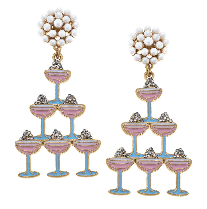 Crystal Enamel & Pav Champagne Tower Earrings in Pink & Blue