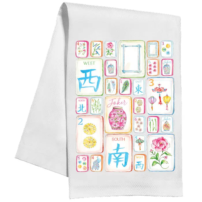 Kitchen Towel - Colorful Mahjong Tiles Birds and Flowers
