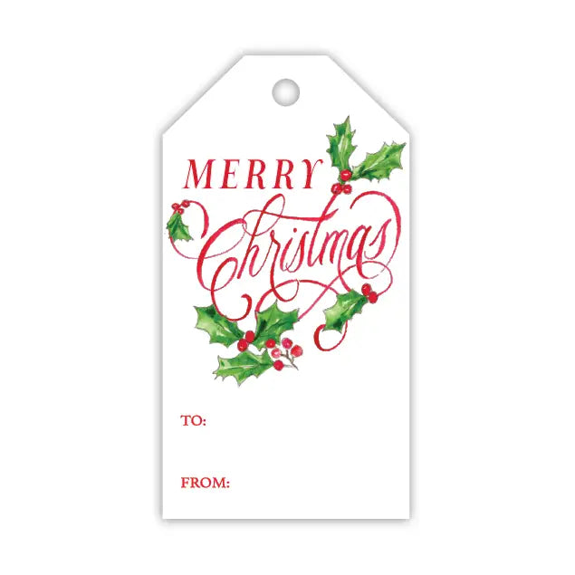Gift Tags - Handpainted Red Merry Christmas with Holly and Berries