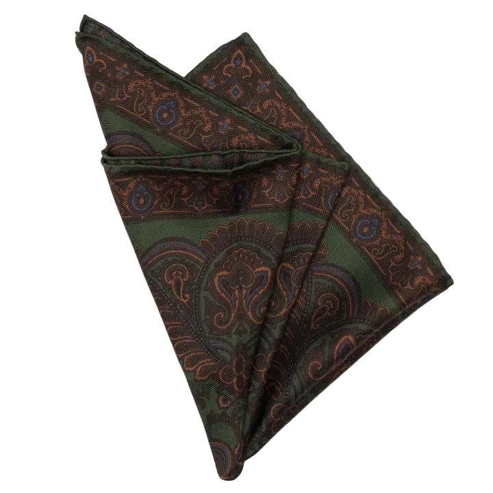 Lario - Double Sided Silk Pocket Square - Green & Brown
