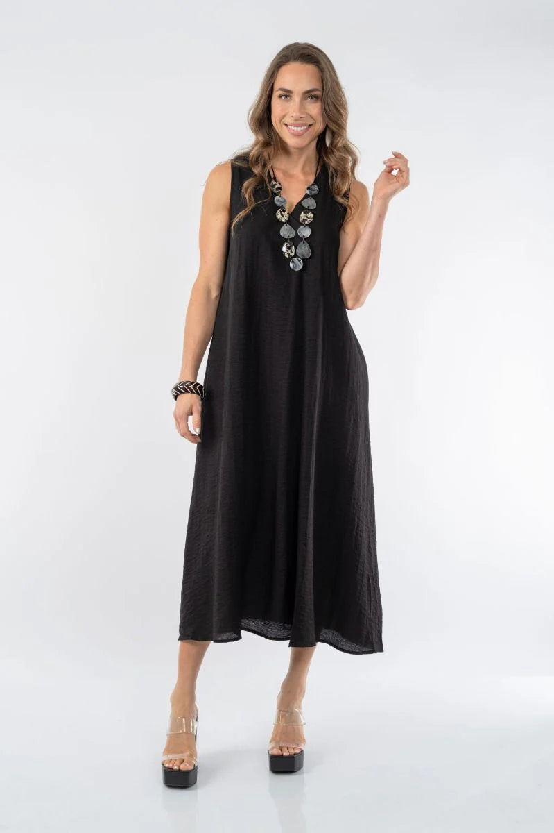 Amelia Dress - Sleeveless Pleat Front - Black