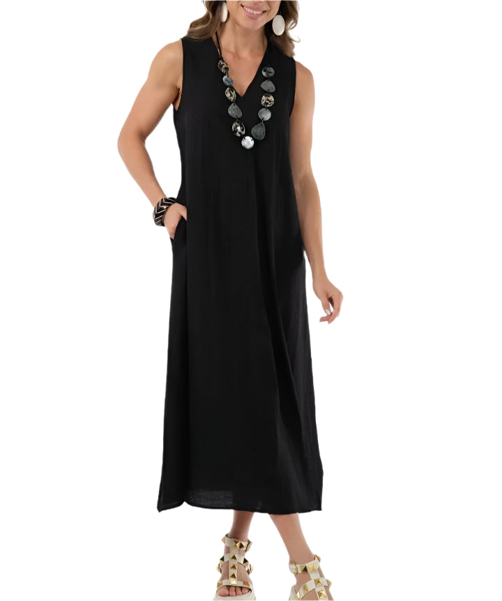 Amelia Dress - Sleeveless Pleat Front - Black
