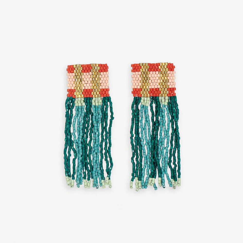 Ava Crossing Colorblock Beaded Fringe Earrings Teal + Poppy