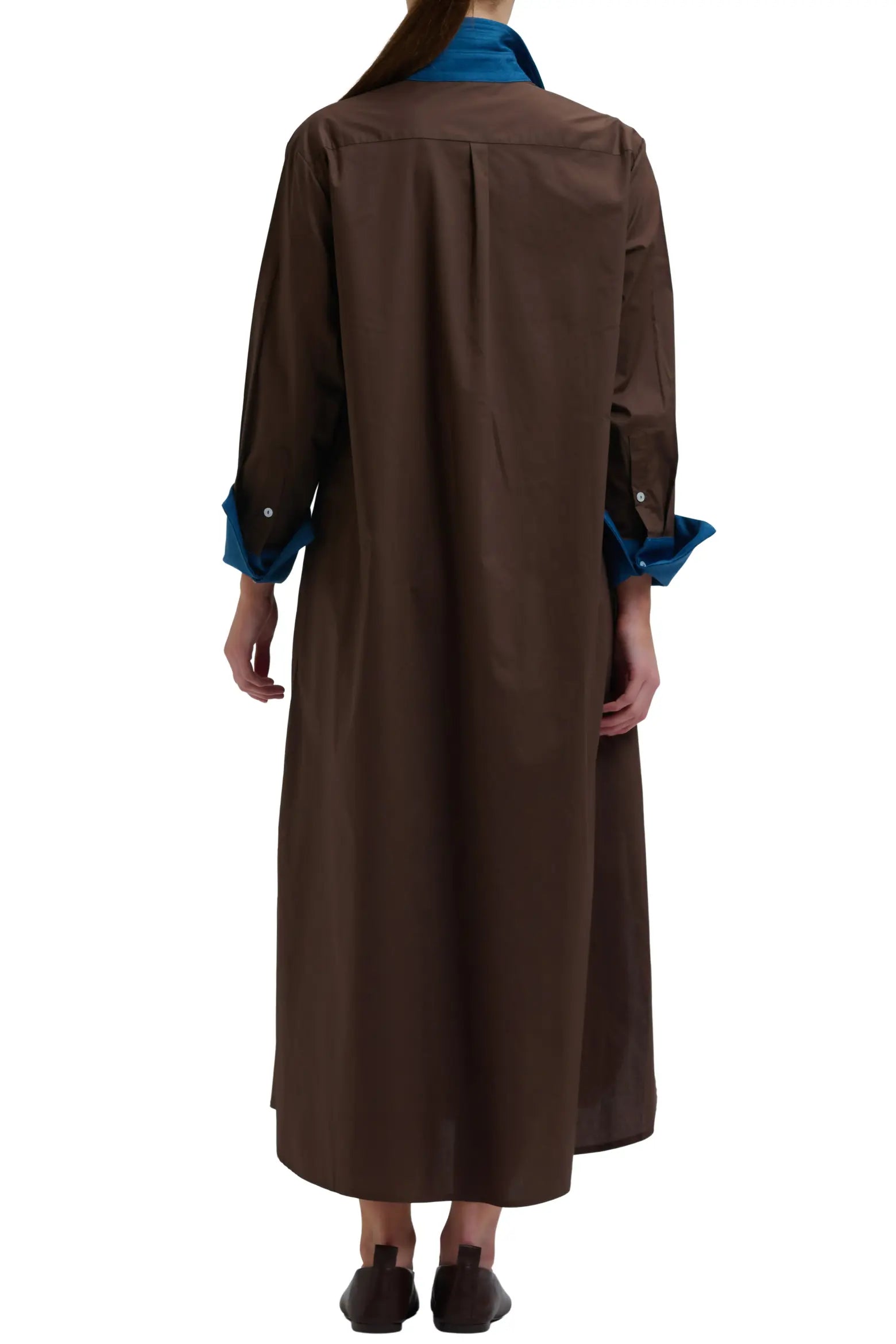 Shirty Pia Long Line Shirt Dress - Chocolate/Denim Trim
