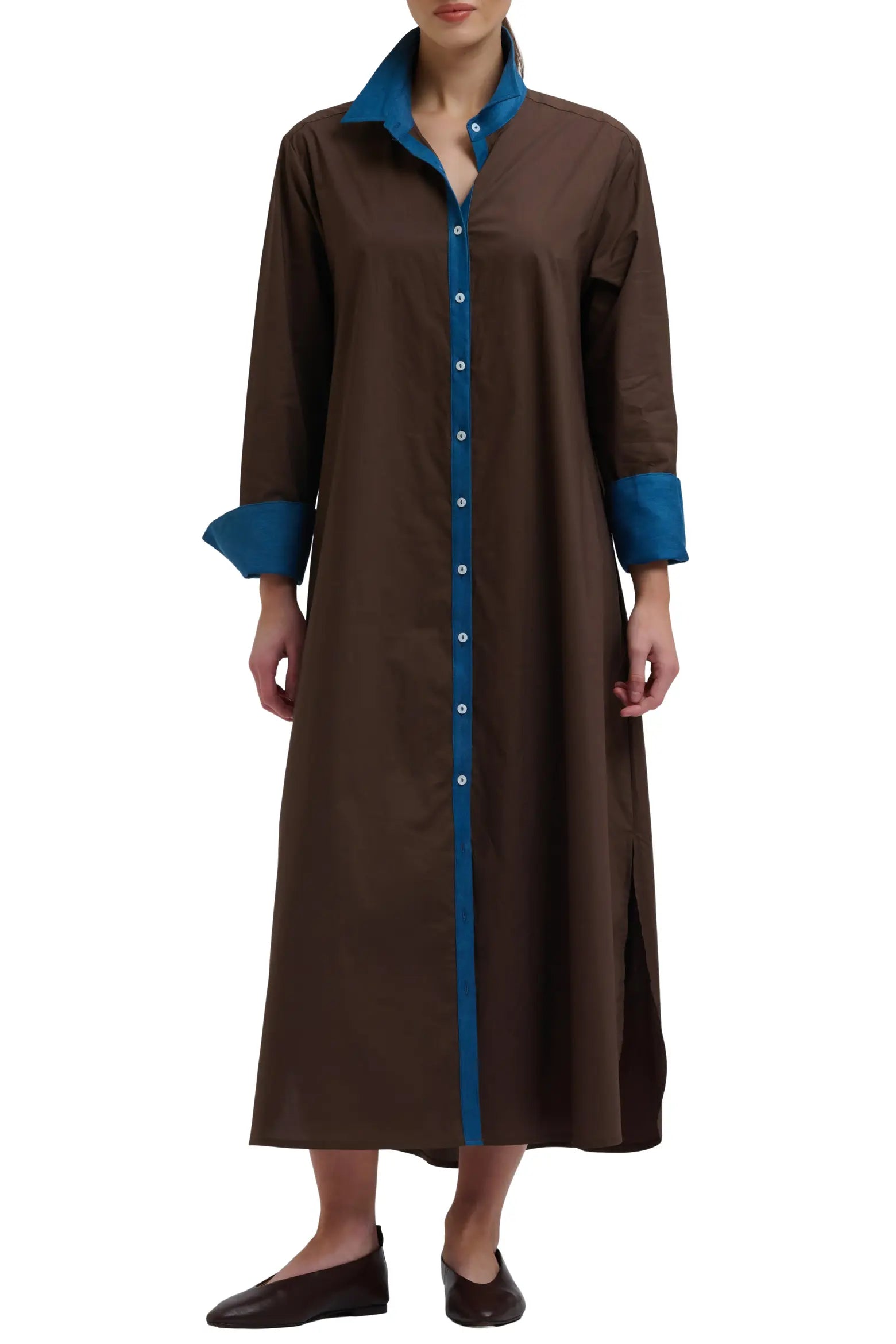 Shirty Pia Long Line Shirt Dress - Chocolate/Denim Trim