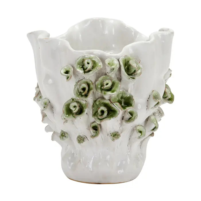 Small White Vase with Green Flower Design