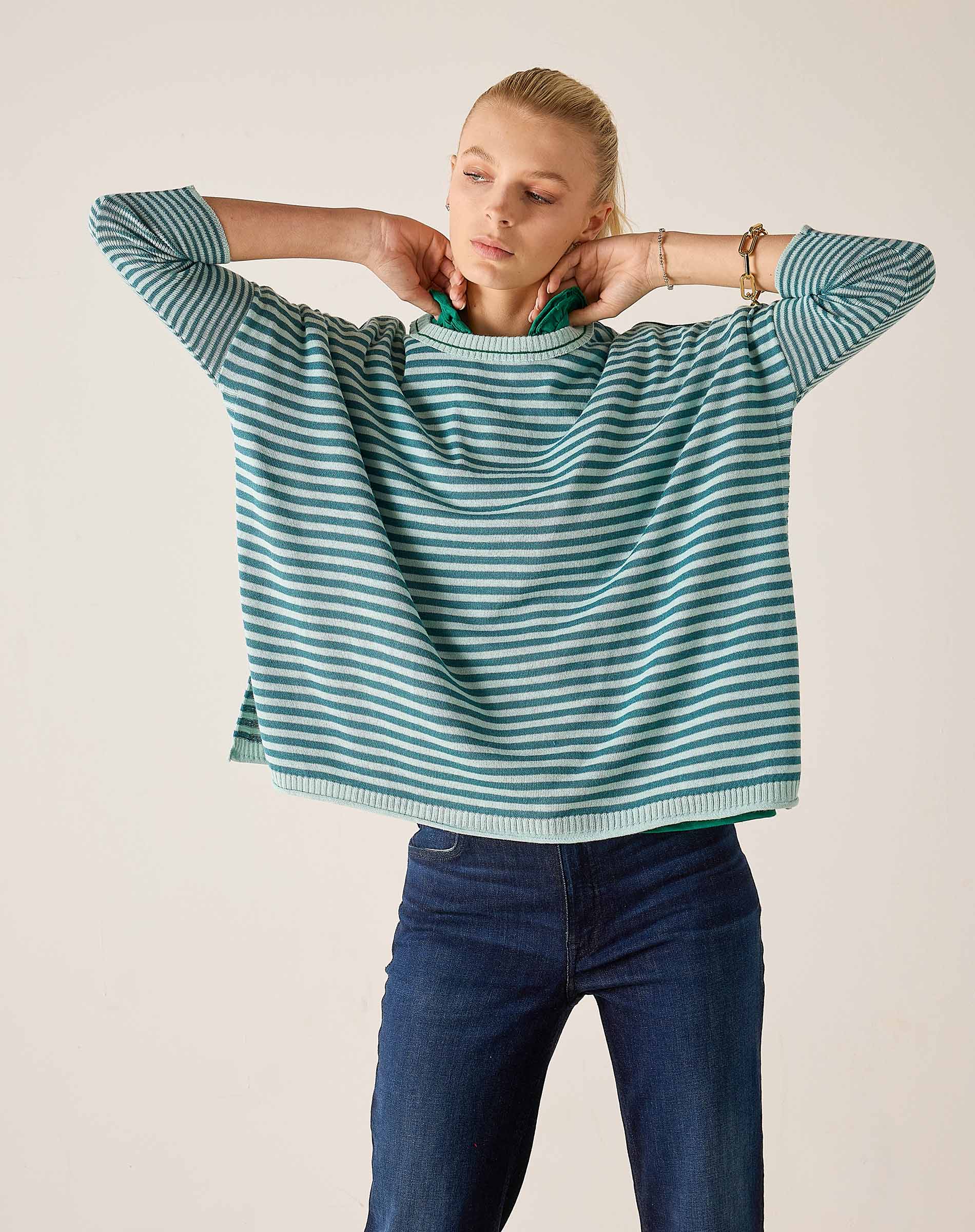 MER SEA Catalina Crewneck Sweater | Deep Ocean Rain Stripe