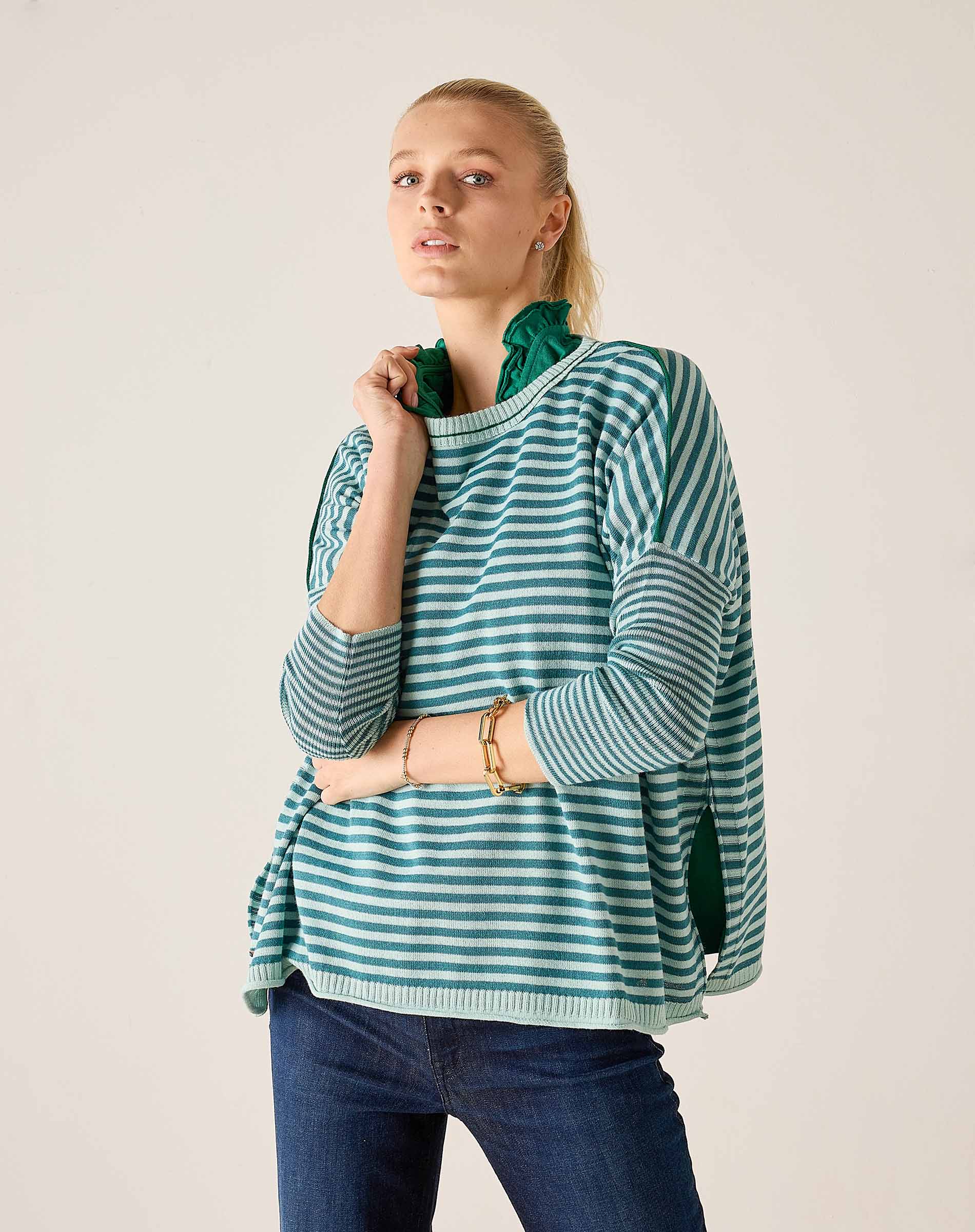 MER SEA Catalina Crewneck Sweater | Deep Ocean Rain Stripe