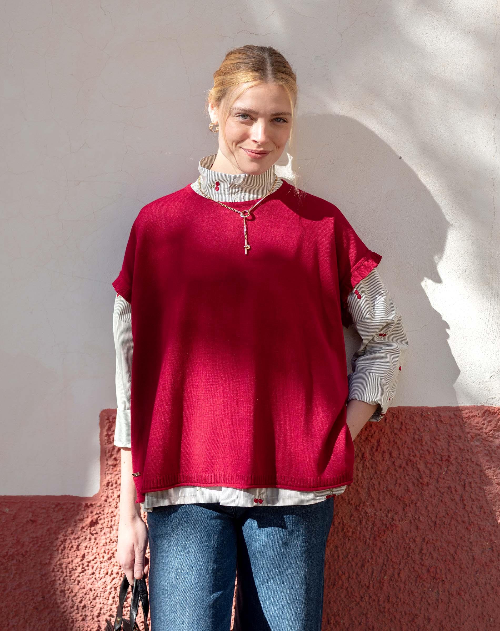 MER SEA Catalina Short Sleeve Ruffle Sweater | Jester Red  and Moss