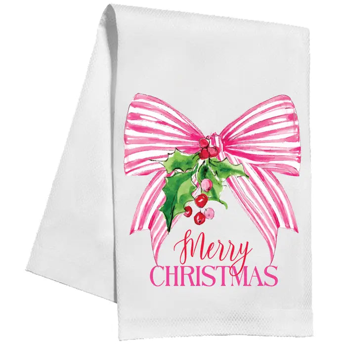 Kitchen Towel - Merry Christmas Pink Striped Bow