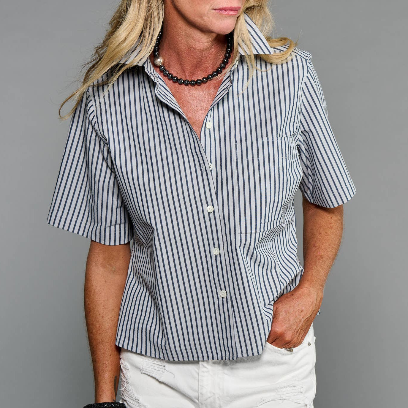 Claridge Crop Shirt in Blue Stripe: XL