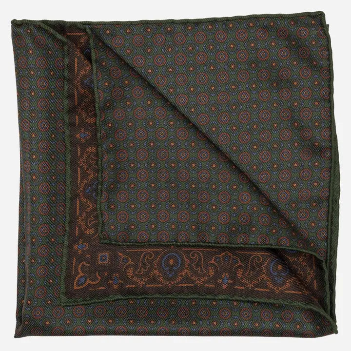 Lario - Double Sided Silk Pocket Square - Green & Brown