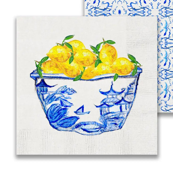Blue and White Bowl with Lemons Cocktail Napkin