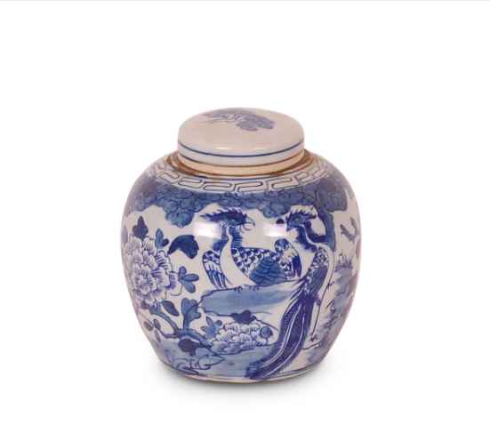 Blue and White Jar with Birds and Flower Design