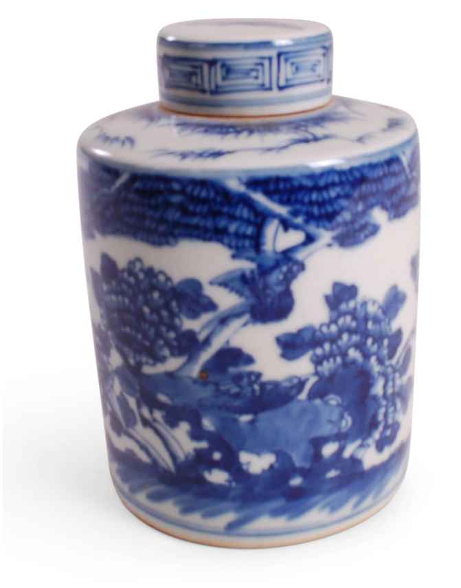 Blue and White Tea Tin with Bird and Flower