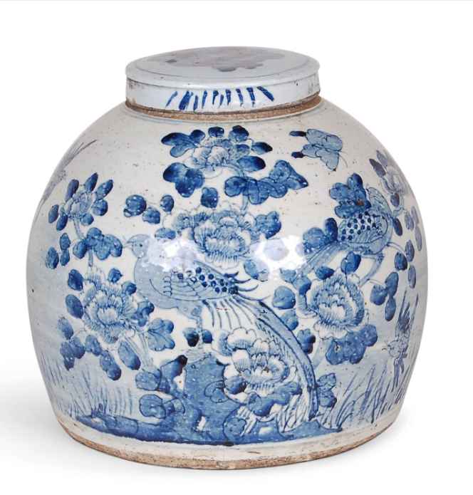 Blue and White Reproduction Jar with Bird and Flowers