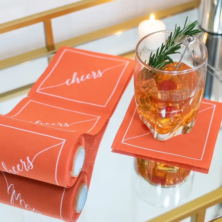 Coral Late Sunset Cocktail Napkin Roll with White Cheers