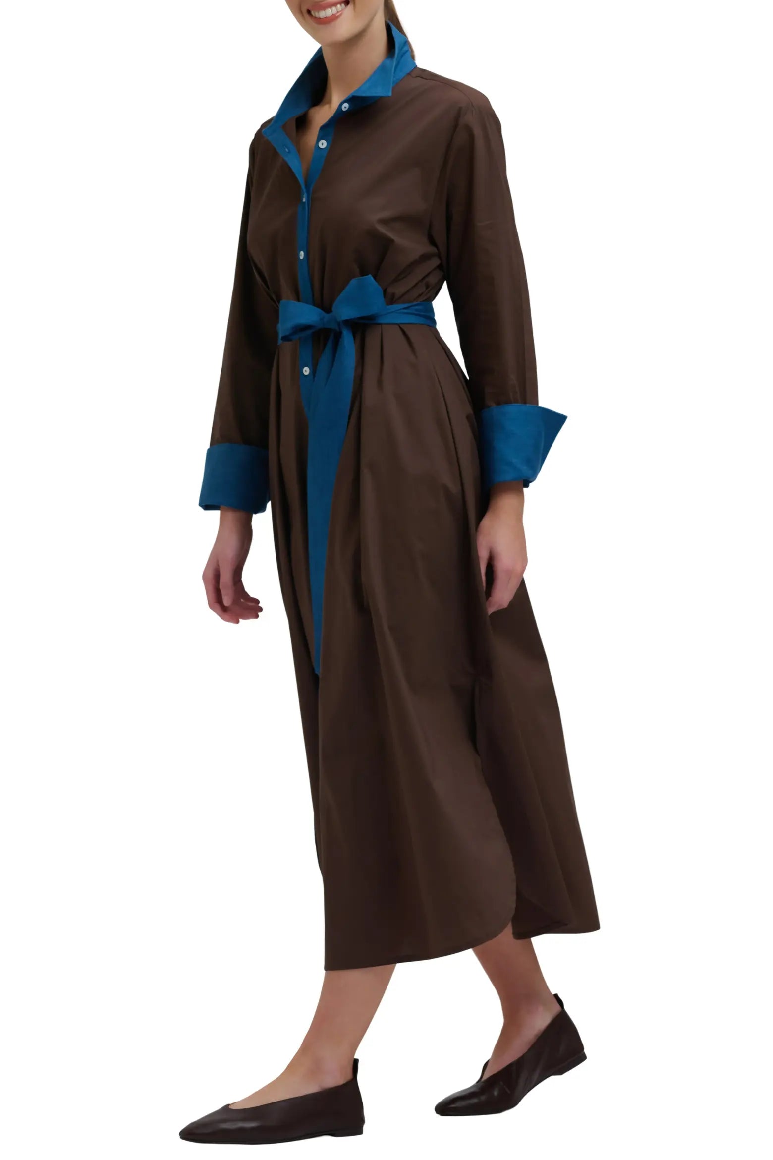 Shirty Pia Long Line Shirt Dress - Chocolate/Denim Trim