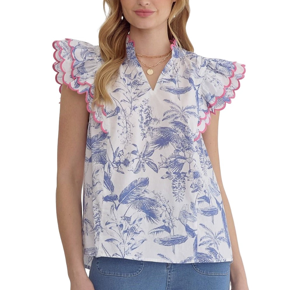 Flutter Sleeve Top - Blue and Pink Toile