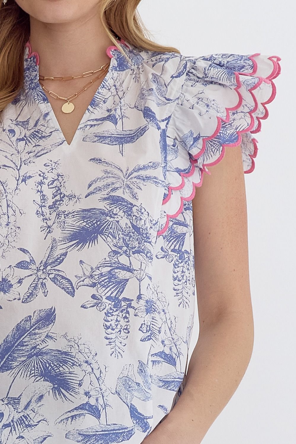 Flutter Sleeve Top - Blue and Pink Toile