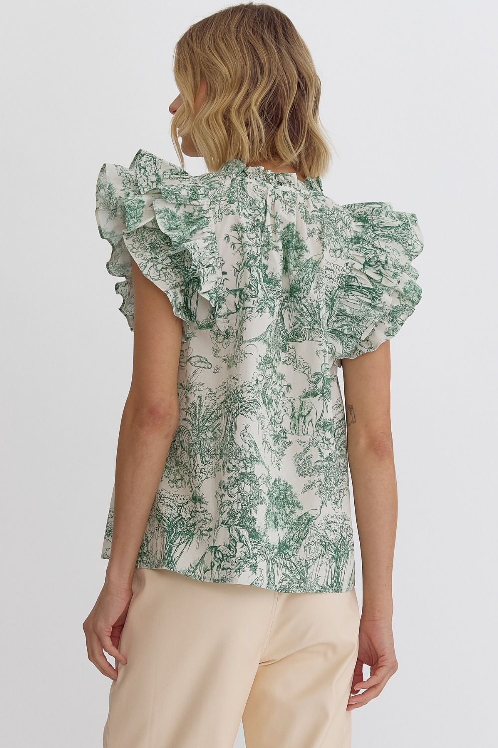Green Toile Flutter Sleeve Top