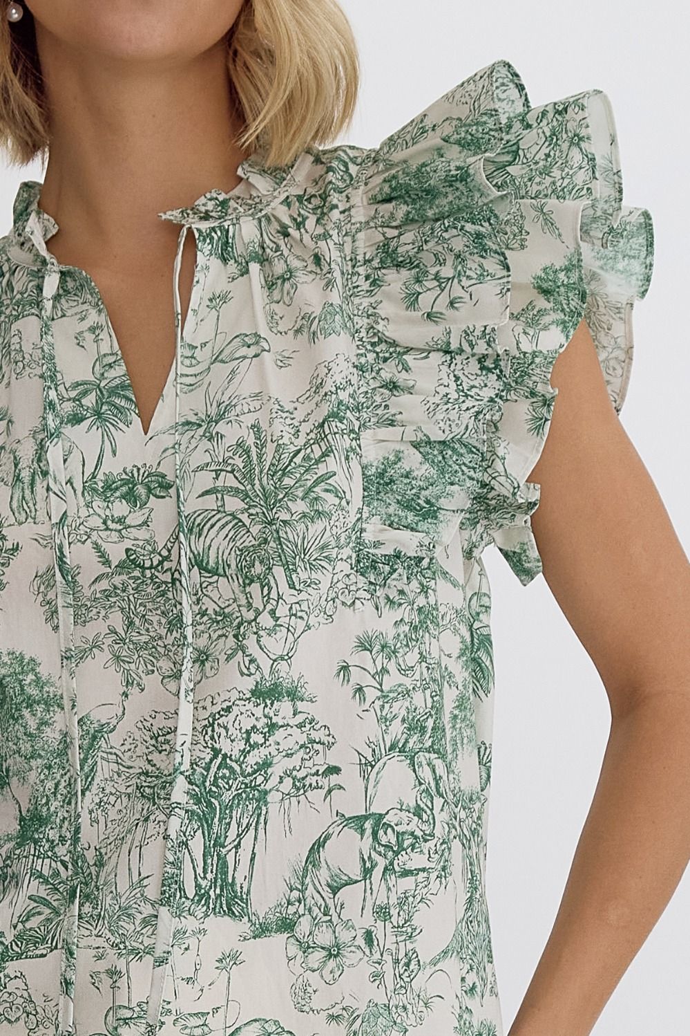 Green Toile Flutter Sleeve Top
