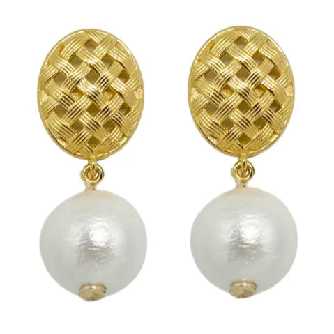 Catherine Gold Basketweave & Teardrop Cotton Pearl Earrings