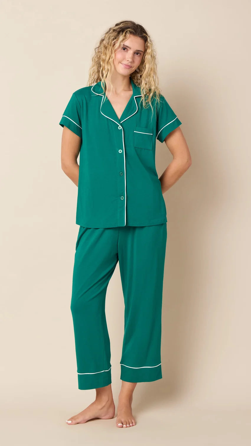 Cat's Pajamas Classic Pima Knit Capri | Emerald City/Winter White