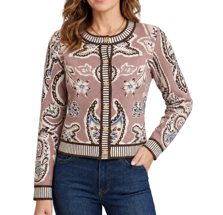 Long Sleeve Paisley Print Knit Cardigan