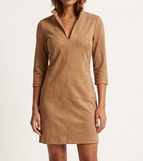 Collared Short Sleeve Suede V-Neck Dress