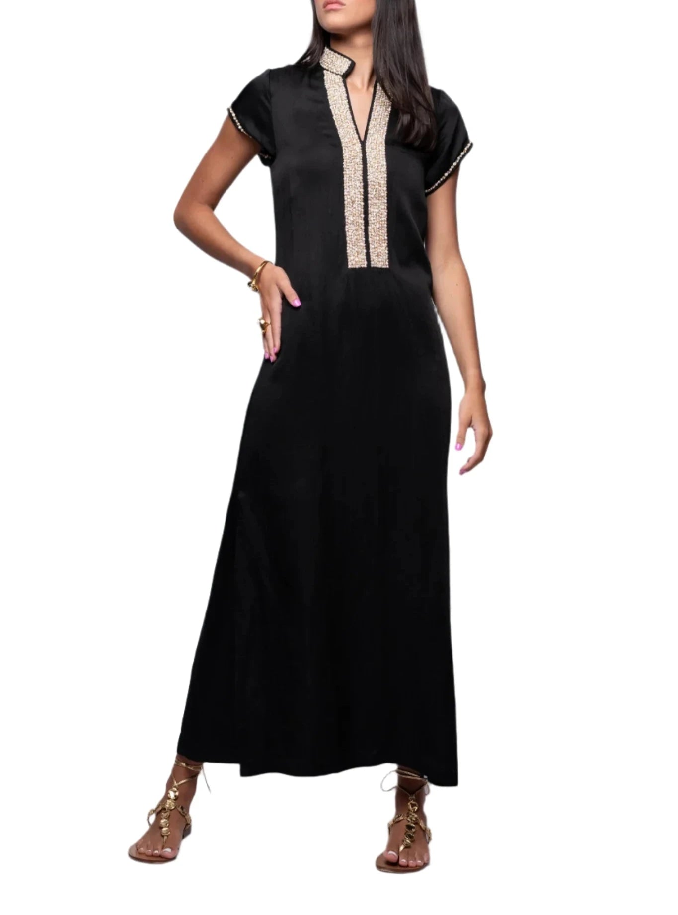 Bella Tu Pearl Cap Sleeve Caftan - Black