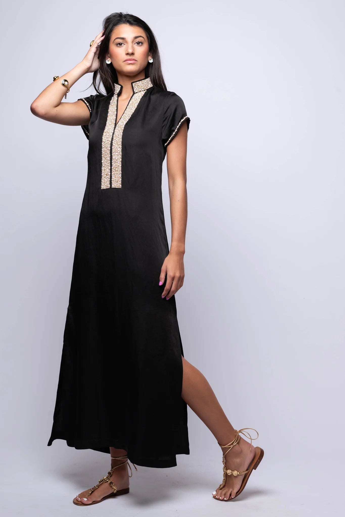 Bella Tu Pearl Cap Sleeve Caftan - Black