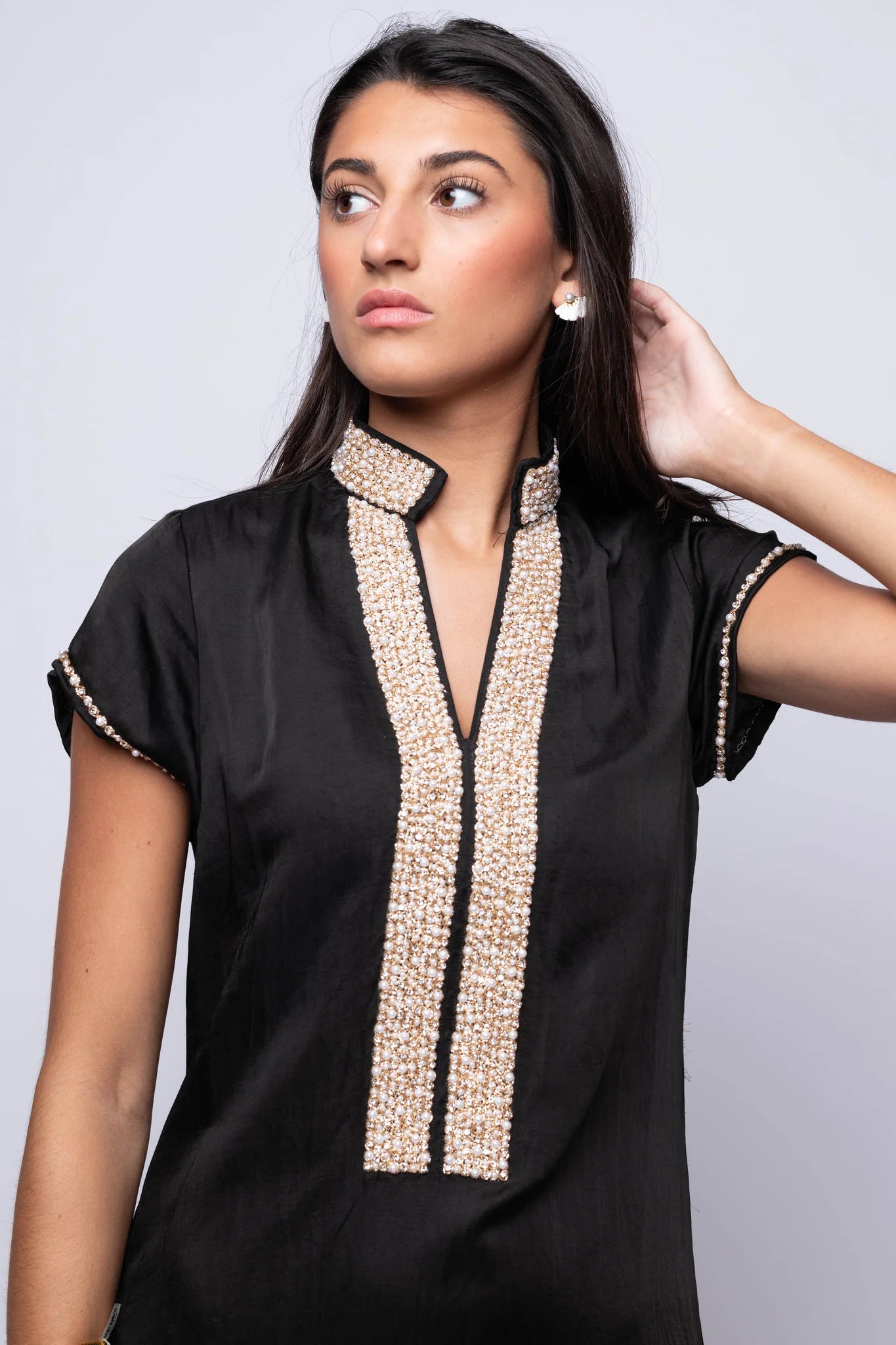 Bella Tu Pearl Cap Sleeve Caftan - Black