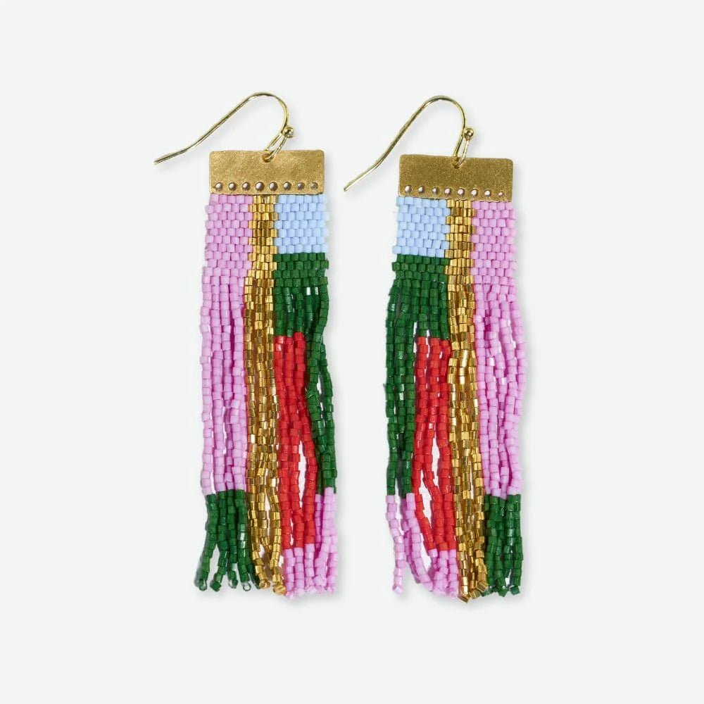 McKenzie Beaded Fringe Earrings Pink and Olive