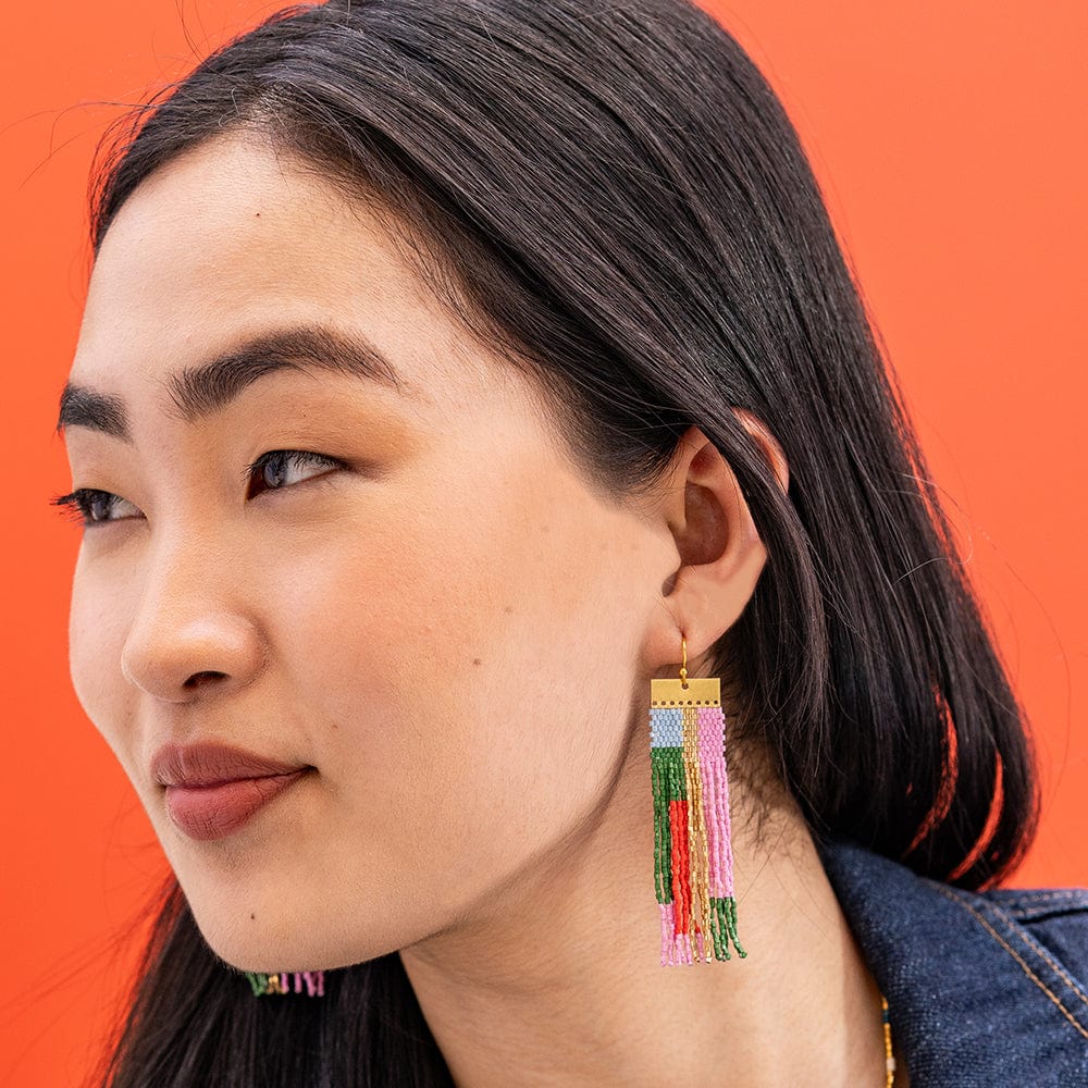 McKenzie Beaded Fringe Earrings Pink and Olive