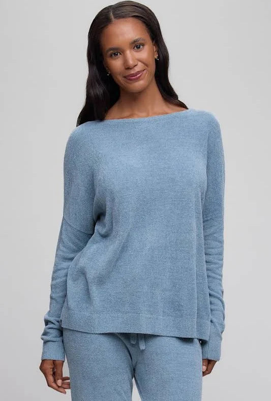Barefoot Dreams CCUL Scallop Neck Slouchy Pullover - Blue Aura