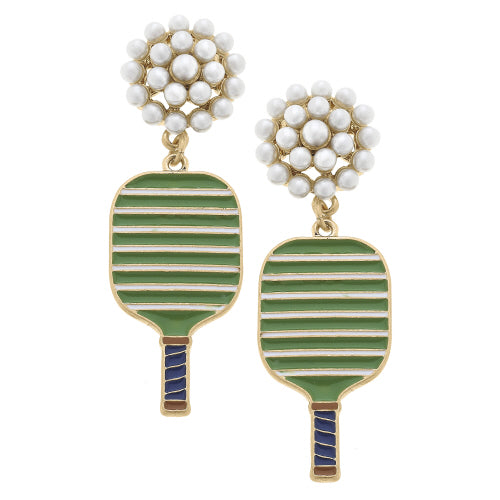 Pickleball Pearl Cluster Drop Earrings - Green