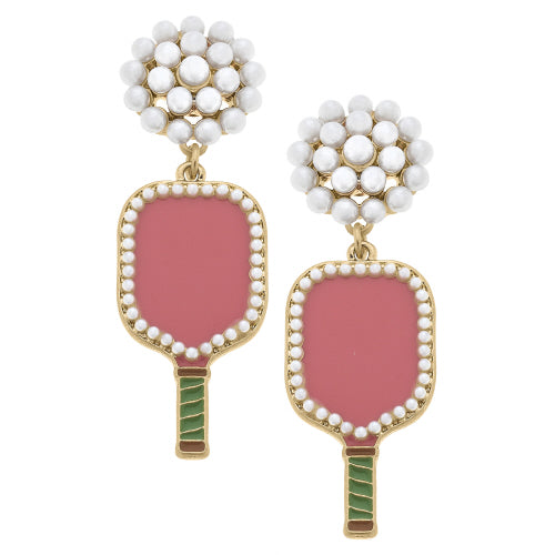 Pickleball Pearl Cluster Drop Earrings - Pink