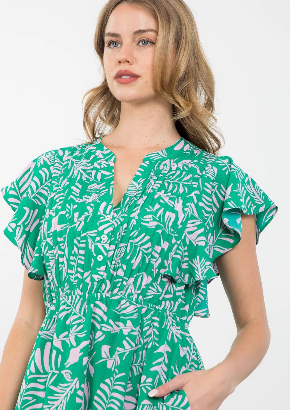 Flutter Sleeve Tiered Midi Dress - Green/Pink