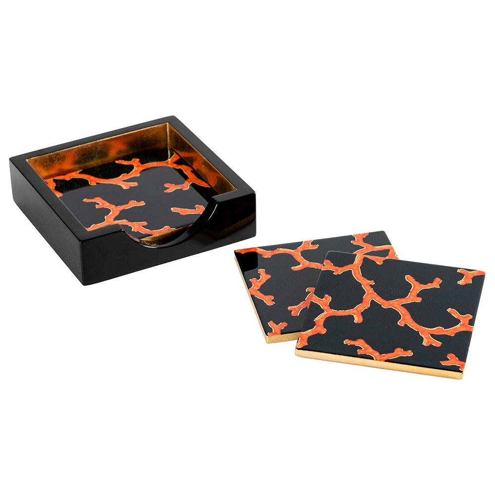 The Coral Sea Square Lacquer Coaster in Holder - Set of 4