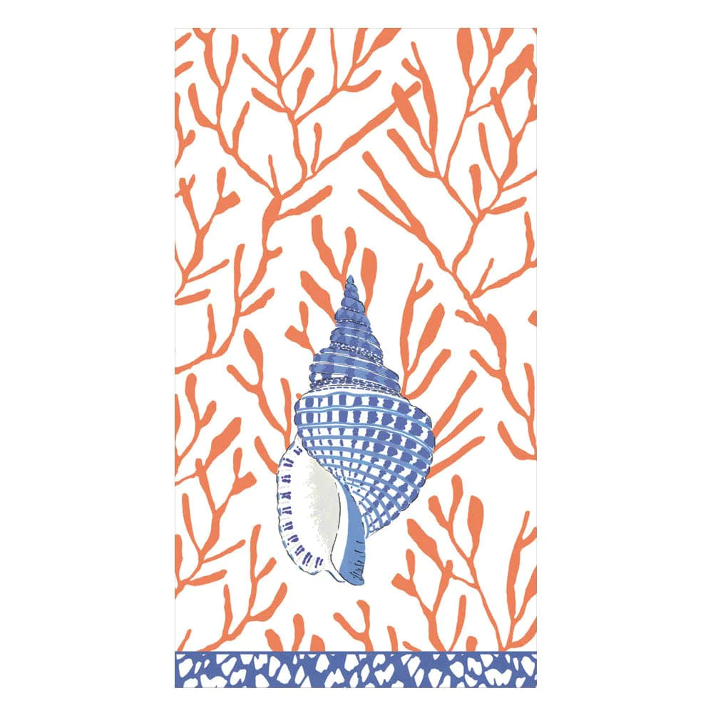 Caspari Shell Toile Guest Towel Napkins Coral & Blue Paper Guest Towel Napkins - 15 Per Package