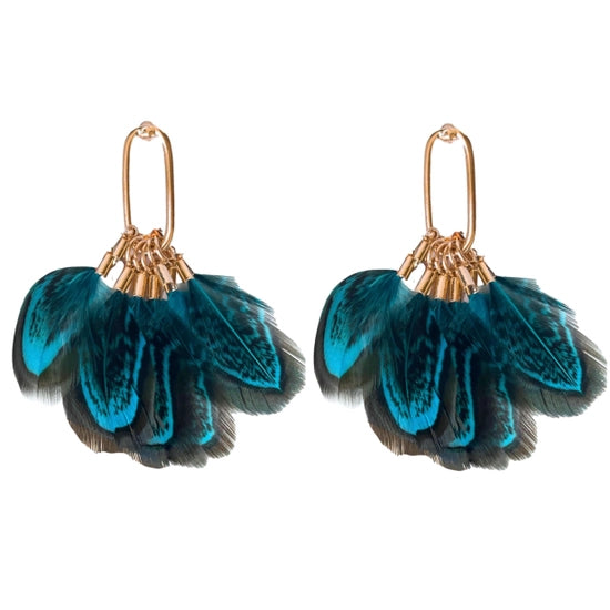 Peacock Earrings Feather Tassels - Black/Turquoise
