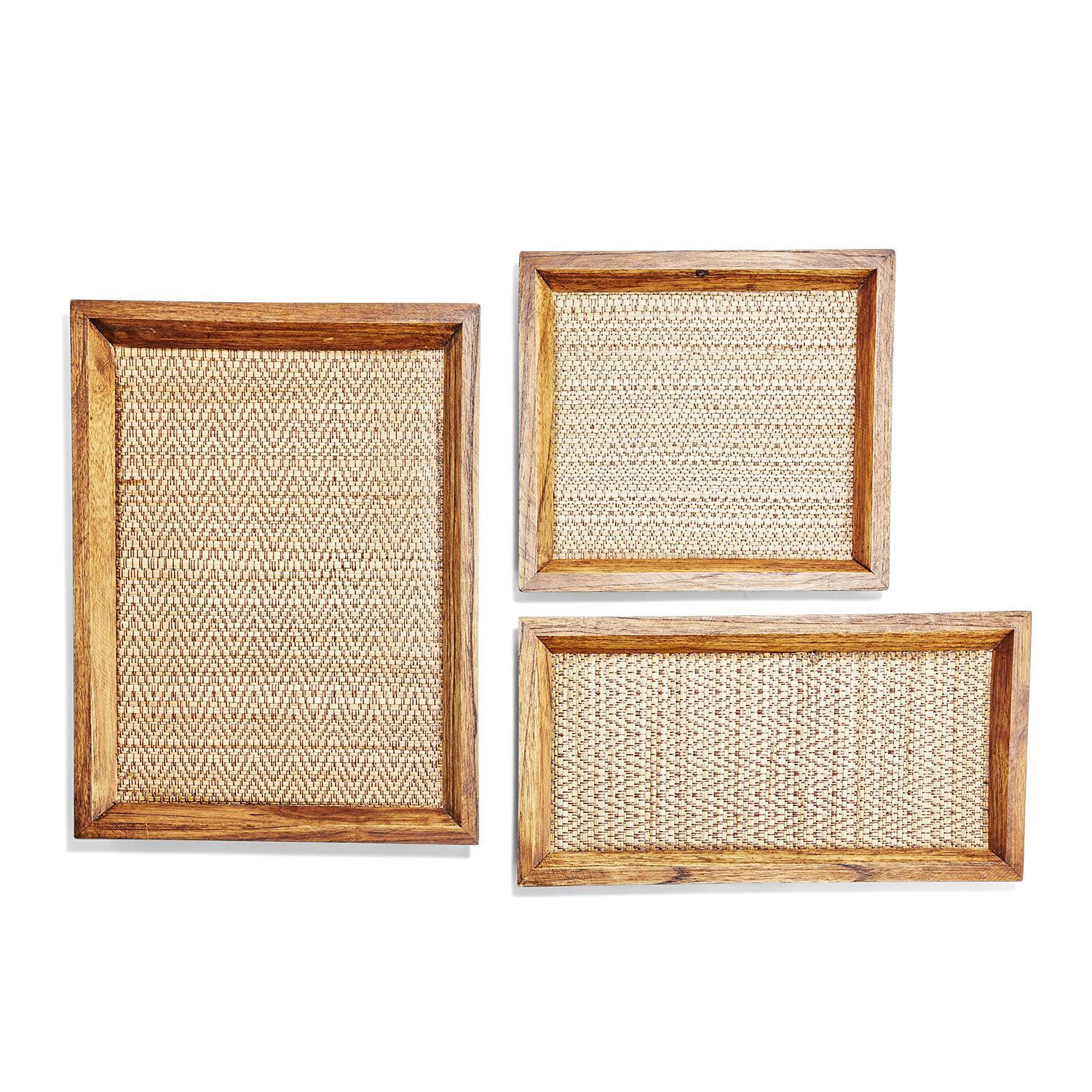 Medium Teak Decorative Tray With Bamboo Weaving