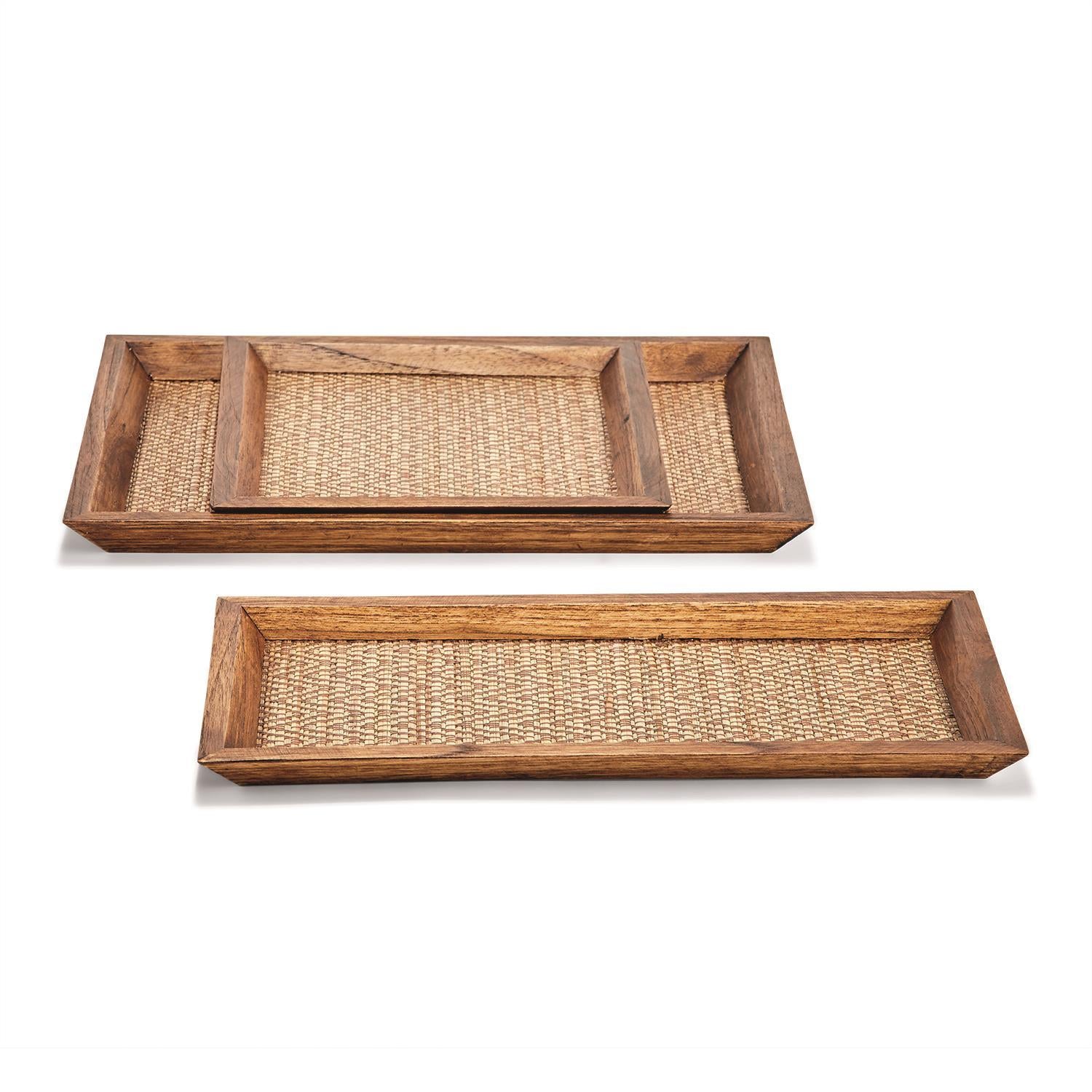 Medium Teak Decorative Tray With Bamboo Weaving