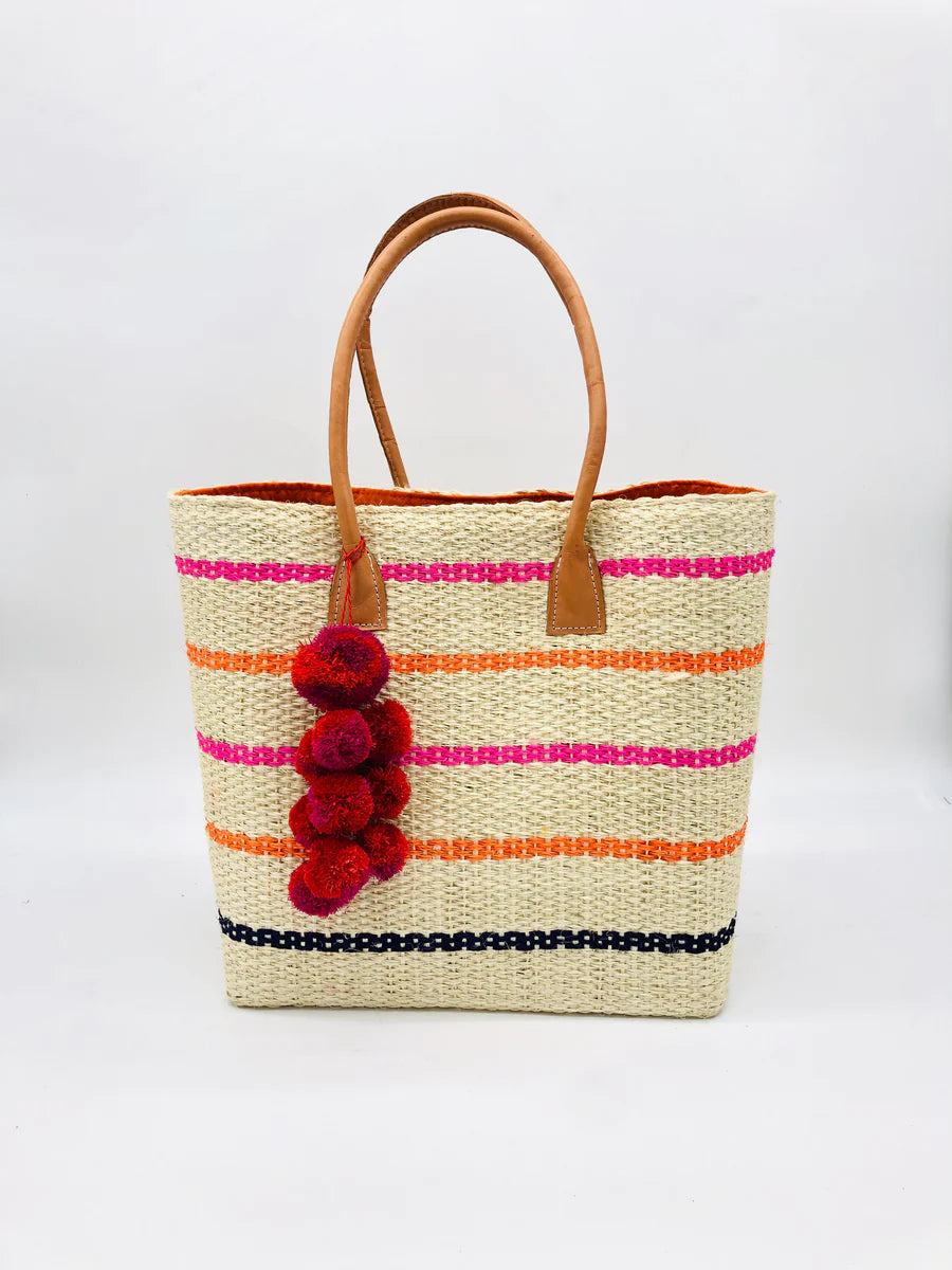 Pinstripe Sisal Basket Bag with Pompoms - (pink or turquoise)