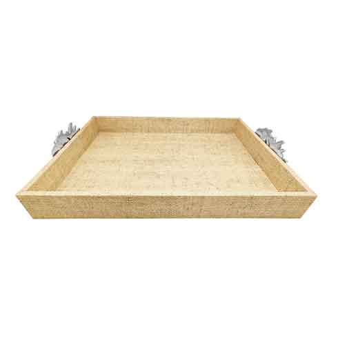 Mariposa Sand Faux Grasscloth Tray with Seaside Metal Handles